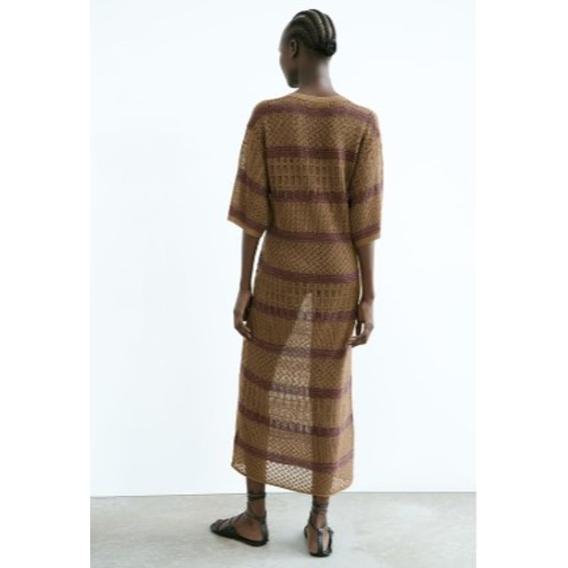  Zara Macrame Knit Kaftan Midi / Maxi Dress Cover-Up Cream Size Medium - Large thumbnail 2