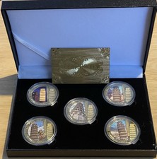 SET 5 MONETE COMMEMORATIVE PLACCATE ORO 99,9% TORRE PENDENTE DI PISA BU COA BOX