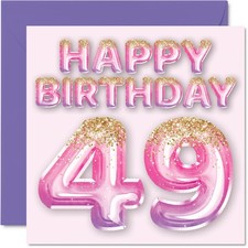 49th Birthday Card for Women Pink & Purple Glitter Balloons Happy Birthday Cards