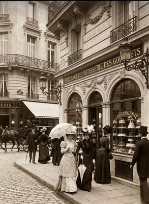 paris 1895 street scene ladys walking past a patisserie 10x8 sepia  print  .