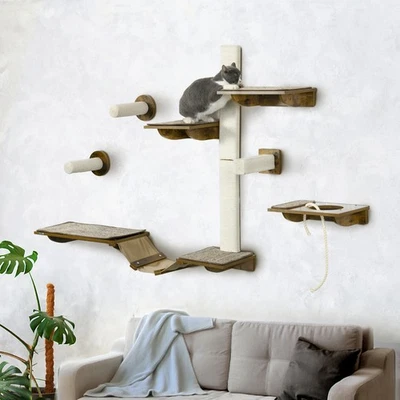 PawHut Katzen Kletterwand Set, 8-teilig Katzenmöbel mit Kratzbäumen, Sisal
