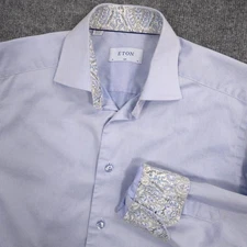 Eton Dress Shirt Mens 15-32.5 Blue Slim Floral Trim Flip Cuff Made In Romania