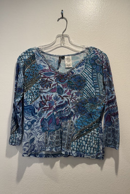 Forbidden Y2K Top Tee Size Small 3/4 Sleeve V Neck Beaded Blue Purple Floral 