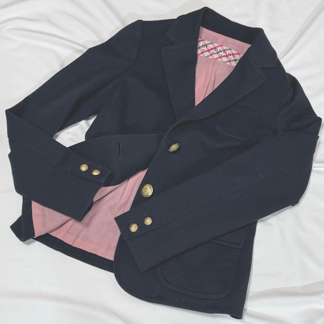 Burberry Blue Label Gold Button Tailored Jacket Blouson Women Pink Plaid Navy 38