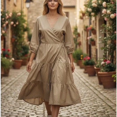 Sweet Baby Jamie Taupe Peasant Wrap Dress XS Cottage Tiered Ruffle Designer $276