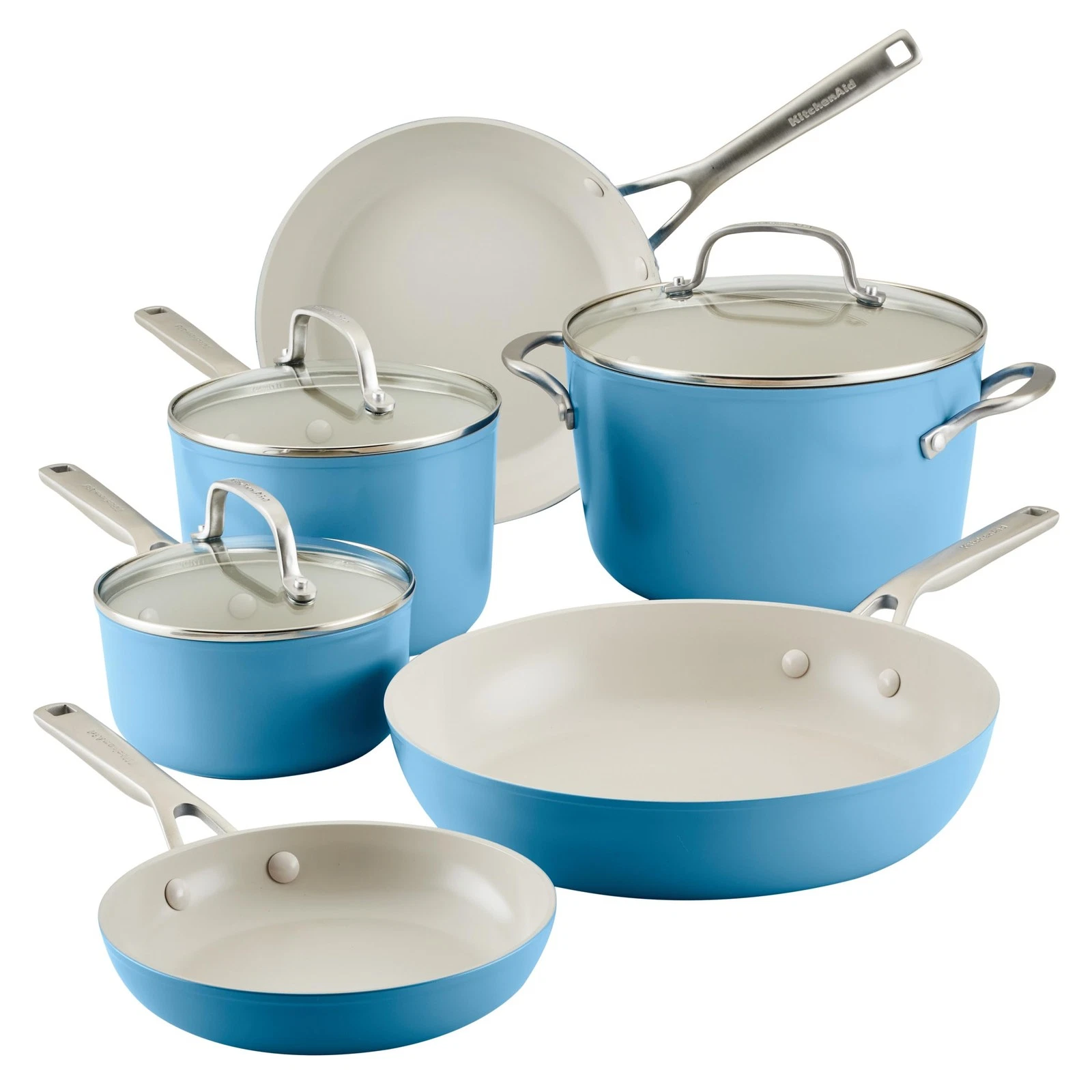 KitchenAid 9 Piece Hard Anodized Ceramic Nonstick Cookware Set Blue Velvet Pots