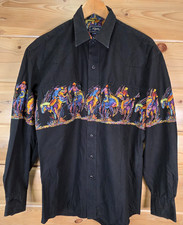 Roper Western Horse Cowboys Long Sleeve Pearl Snap Shirt Men Medium Art Color