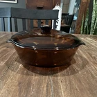 Vintage Anchor Hocking Amber Brown Round Glass Casserole w lid 438 Pressed Glass