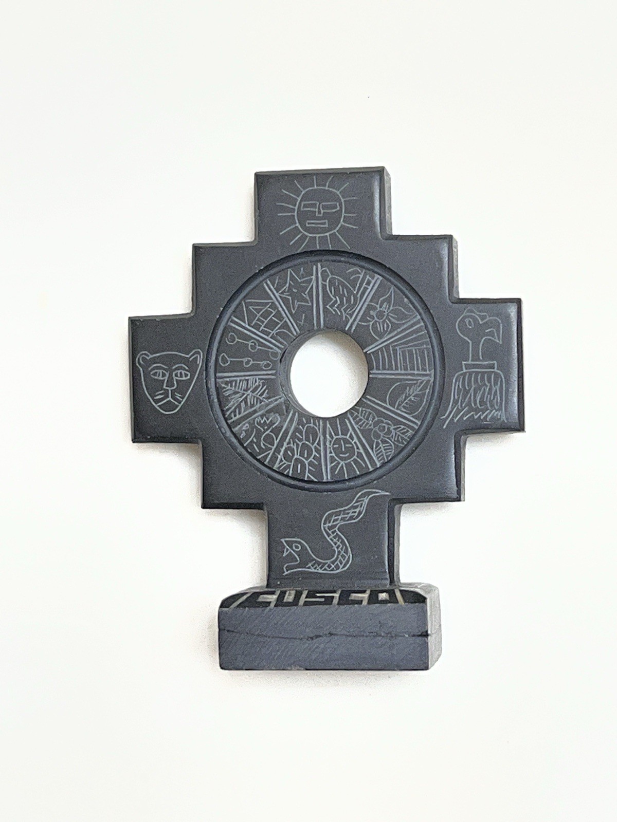 Hand-carved Andean cross (Chakana) in stone - Inca symbol of protection - Black