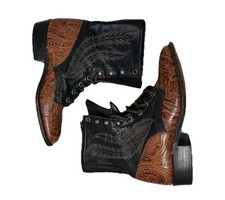 Larry Mahan leather embossed Western boots vintage 80s lace up boots Womens 6.5