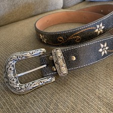 Nocona Blk Leather /Sewn FlowersWestern Belt N3447001 EngravedFlower Silv Buckle