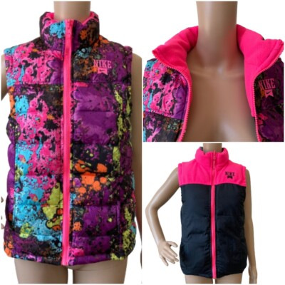 NIKE Reversible Puffer Vest Teen Large 12-13 Yrs Women Paint Splatter Hot Pink 
