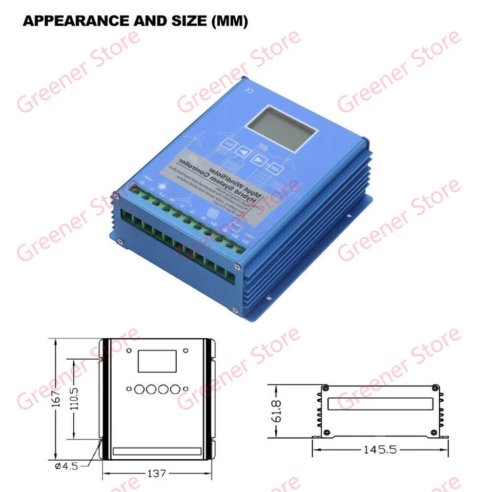 2000W Solar & Wind Hybrid MPPT Charge Controller 12V 24V 48V + Dump LCD Display - Image 3 of 4