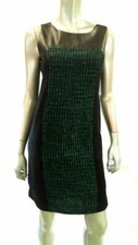 Ellen Tracy Faux Leather Women Misses Boucle Sheath Dress SZ 2 Green Black Sale