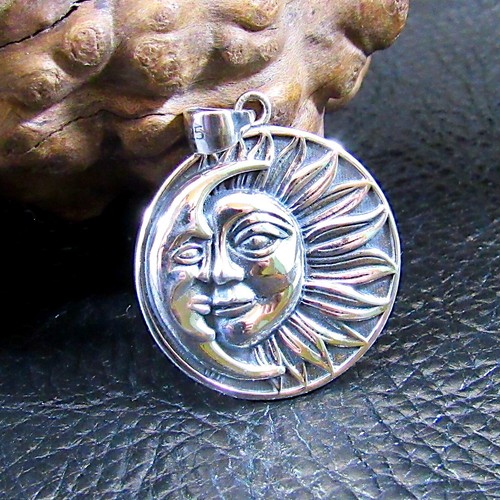 Solid 925 Sterling Silver Moon & Sun Rays w/ Faces Pendant, Celestial ...