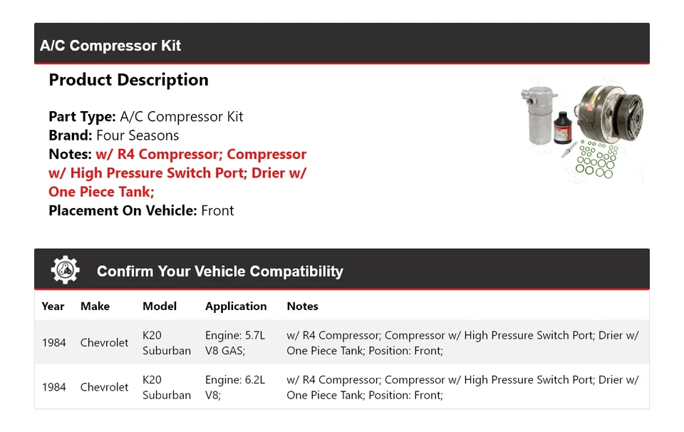 For 1984 Chevrolet K20 Suburban A/C Compressor Kit Front 4 Seasons - Image 2 of 4