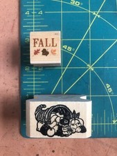 Vintage Cornucopia with Mouse in Pilgrim Hat and Fall Rubber Stamps Unbranded