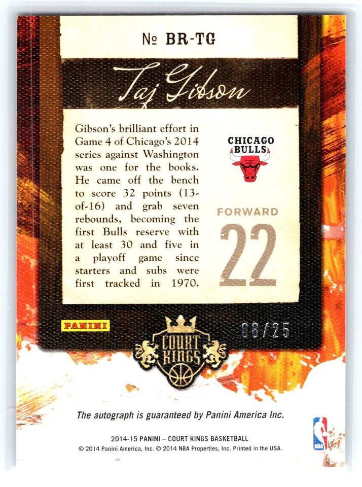 Taj Gibson 2014-15 Panini Court Kings #BR-TG 8/25 Brush Strokes Autographs - Image 2 of 2