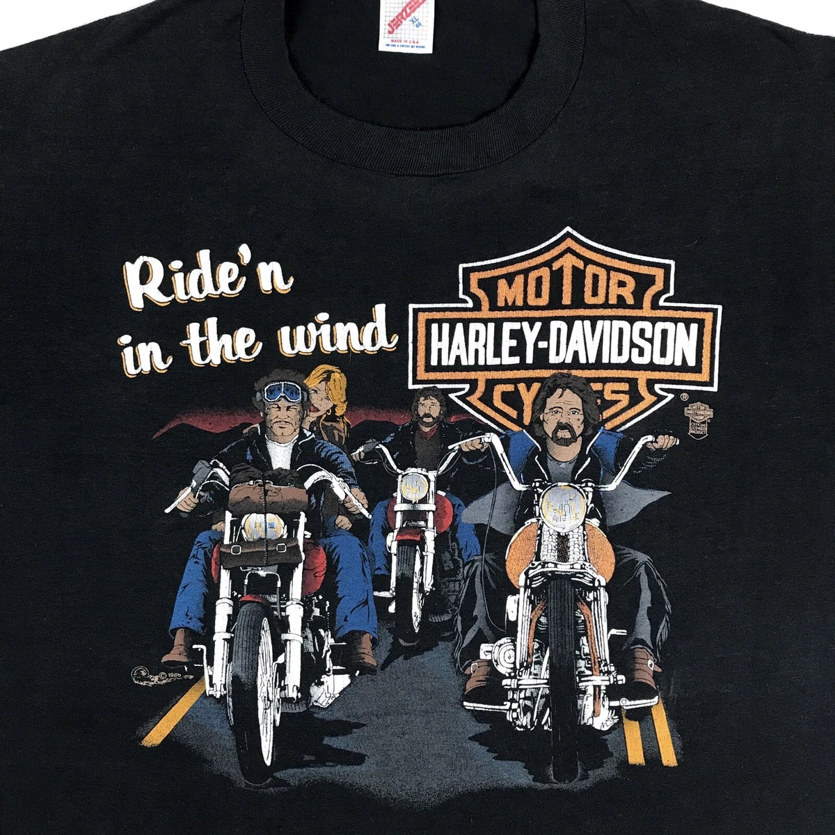 vtg 80s HARLEY DAVIDSON RIDE N IN THE WIND MOTORCYCLE T-Shirt L cartoon biker