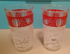 Vintage Mid Century Bonsai Tree Paper Lanterns Cocktail Juice Glass Pair 4.74"