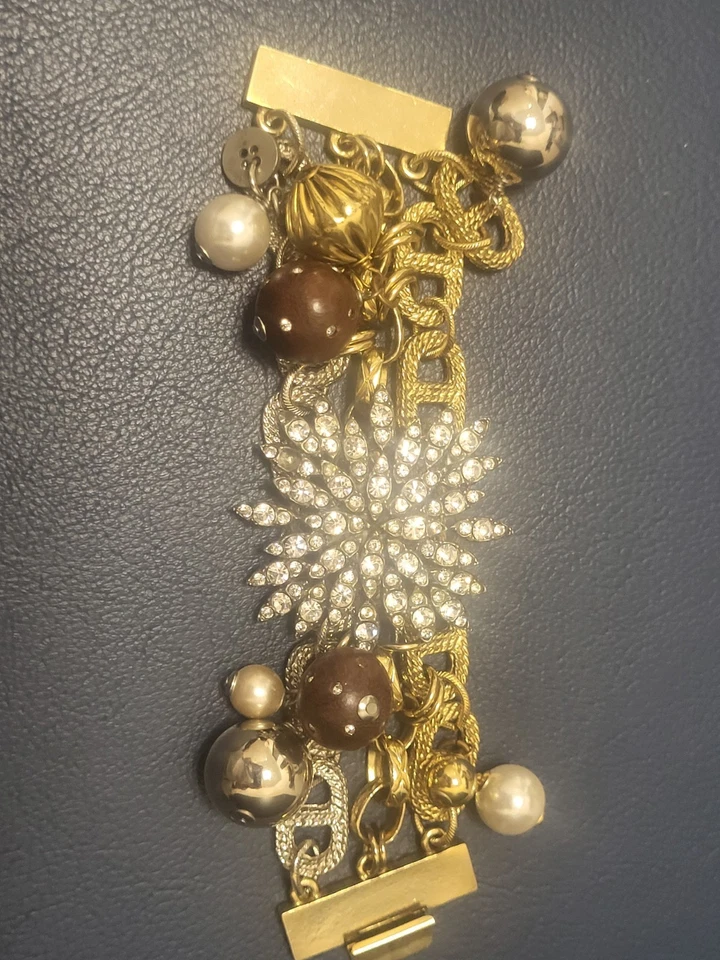 Magnífico brazalete vintage dorado con cuentas con diamantes de imitación 7" Foto 3 de 4