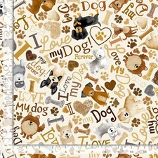 Happiness Has Paws Fabric | Tossed Dog & Words Cream | Timeless Treasures YARD
