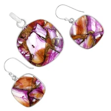 Kingman Orange Dahlia Turquoise 925 Silver Pendant Earrings Jewelry Set T-1001