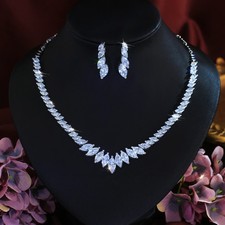 Silver Plated Marquise Cubic Zircon Wedding Choker Necklace Earrings Jewelry Set