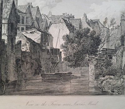 1825 Druck Blick auf die Frome bei Lewin's Mead, Bristol. Hugh O'Neill. Original.