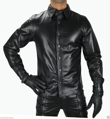 NEW STAR LEATHER Herren Schwarzes Lederhemd Lammfell Slim Fit Button-Down