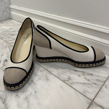 CHANEL Beige/Black Canvas CC Logo Wedge Espadrille Flats Slip-On Women 10