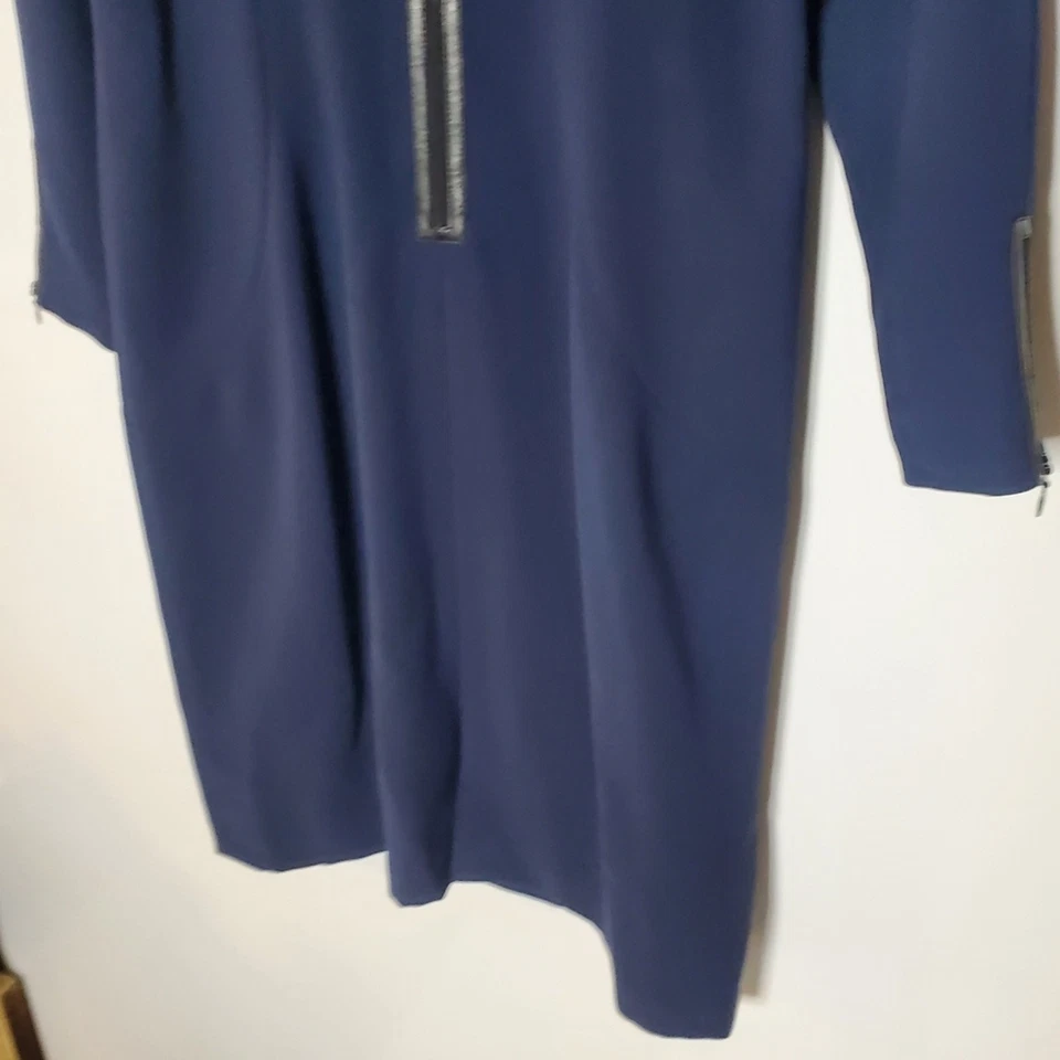 Lafayette 148 NY Sheath Dress Armada Navy Blue Leather Trim Size 12 Excellent - Image 4 of 4