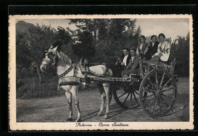 Ansichtskarte Palermo, Carro Siciliano, Eselkutsche mit Fahrgästen 