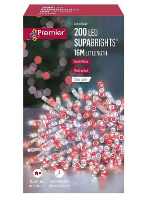 PREMIER Red & White LED Christmas Tree String Lights 200 LED Multi Action Lights 16M