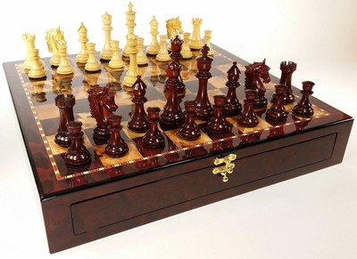 BLOOD ROSEWOOD STALLION KNIGHT Large Staunton Chess Set Cherry Color STORAGE Brd