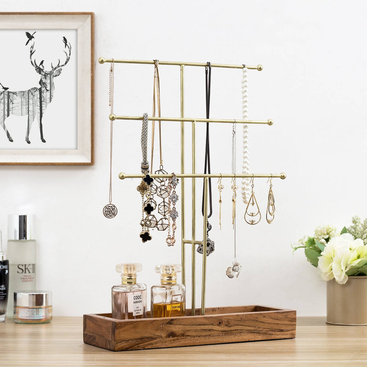 3-Tier Acacia Wood Brass Metal Tabletop Jewelry Organizer Rack w