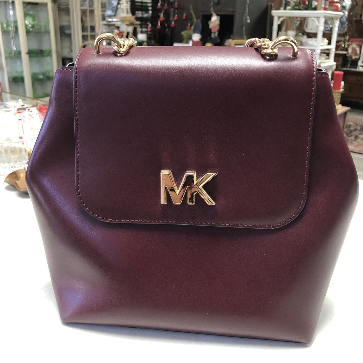 MICHAEL Kors MOTT Chain Leather Backpack Bag Burgundy Maroon/ Gold