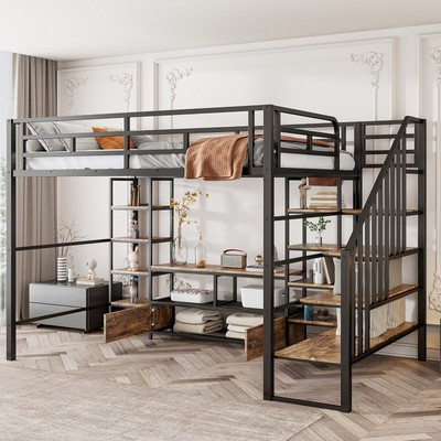 Full Size Metal Loft Bed with Staircase,Low Storage Table and Storage Shelves,Bl