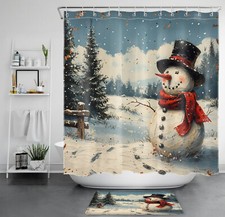 Winter Forest Funny Christmas Snowman Shower Curtain Set for Bathroom Decor
