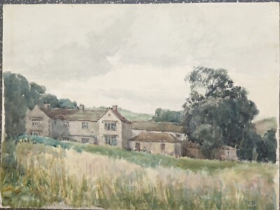Antikes Original Aquarell Gemälde Herrenhaus signiert vom Monogramm TCB 1918