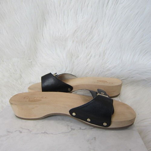Dr Scholl's Original Sandals Women's Size 10 M Black Leather Slide Wooden Heel - Picture 5 of 10