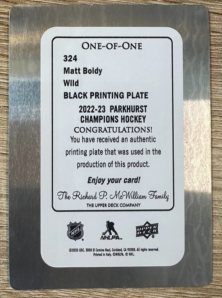 2022-23 PARKHURST CHAMPIONS HOCKEY MATT BOLDY RC SP BLACK PRINTING PLATE 1/1#324 - Image 2 of 2