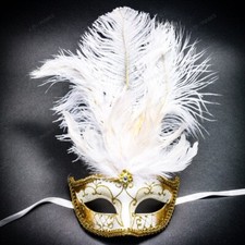 Venetian White Gold Masquerade Mask Show Girl Ostrich Feather Eye Mask Costume