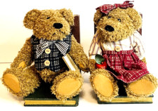Teddy Bear Plush Wooden Bookends Pair Vintage