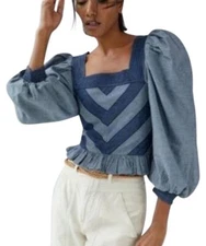 NWT Anthropologie Love The Label Smocked Puff-Sleeve Cropped Blouse Denim XS 