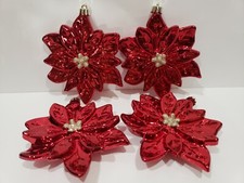 4pc Christmas Holiday Red Poinsettia Plastic Tree Ornaments Decor 5.5" GORGEOUS 
