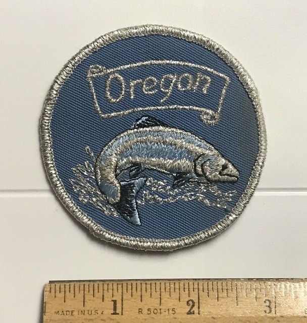 Oregon Jumping Salmon Fish Souvenir Silver Blue Embroidered Round Patch