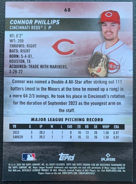03's Club Store　904545 2024 TOPPS STADIUM CLUB CONNOR PHILLIPS CINCINNATI REDS RC SEPIA