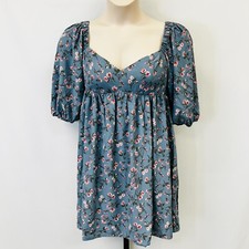 Wayf Floral Print Babydoll Tunic Dress Size M Puff Sleeve Square Neck Blue