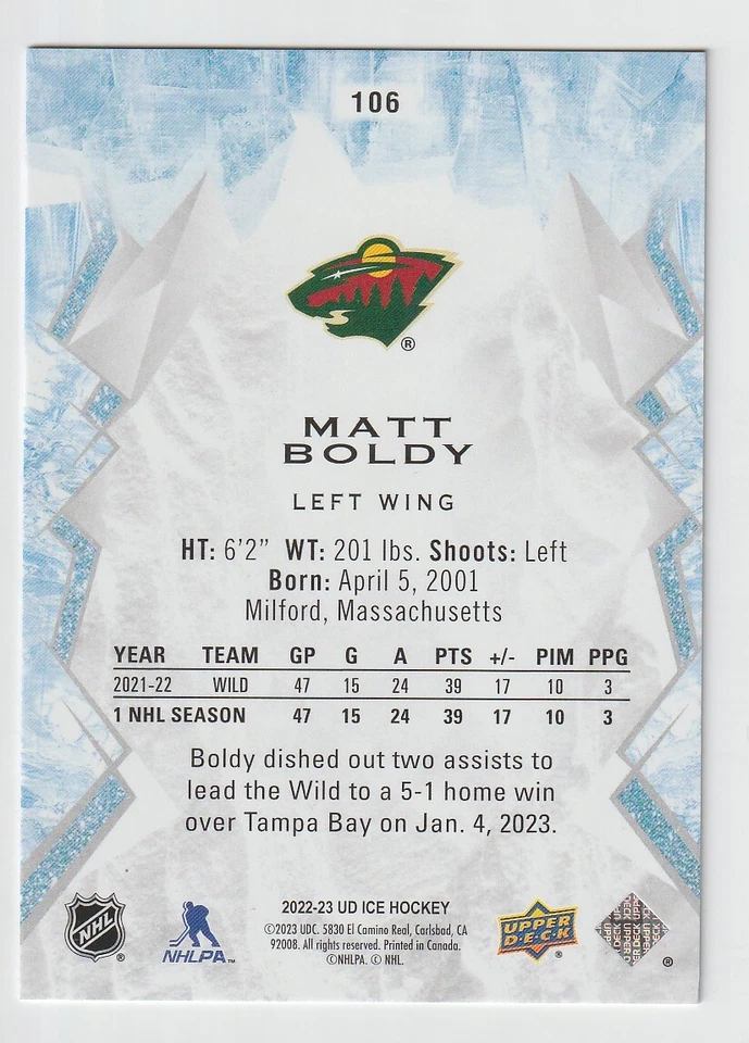 2022-23 Upper Deck Ice #106 Matt Boldy Gold - Image 2 of 2